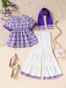 SHEIN Young Girl Floral Print Blouse & Flare Leg Pants & Scarf
