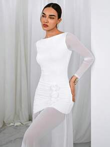 Aloruh 女士纯色撞色网眼花卉装饰优雅连衣裙