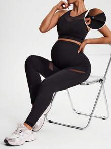 SHEIN Conjunto de 2 piezas de top cropped unicolor con panel de malla y leggings de cintura alta para maternidad, ropa deportiva para yoga y actividades al aire libre
