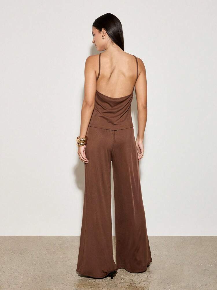 Halter Neck Backless Cami Top And Wide Leg Trouser Set