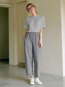 DAZY Solid Elastic Waist Trousers - Grey - View 7