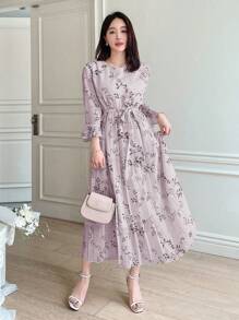 DAZY Women's Elegant Allover Print Pleated Dress, Spring/Summer Floral Sundress