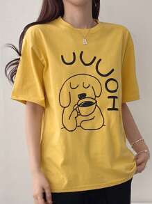 DAZY 女士夏季短袖字母圆领卡通印花T恤，线条图案可爱上衣、图案T恤、教师装 - 黃色 - 查看 6