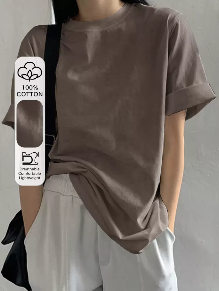 Solid Color Round Neck Loose Fit Casual T-Shirt For Summer