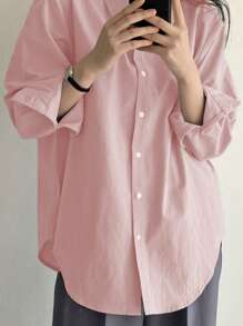 DAZY Women Solid Color Turn-Down Collar Long Sleeve Shirt With Front Buttons,Long Sleeve Tops