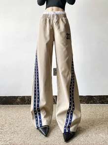 INAWLY Pantalones casuales con panel de rayas laterales de decoración digital para mujer