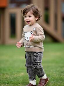 Pantalons en jean lavés pour garçons bébé, à poches cargo, avec taille élastique, décontractés et polyvalents, ourlet retroussé