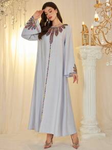 Al Najma Arabic Style Dress With Round Neck, Sequins Decor, Floral Pattern, Bell Sleeve And Flared Hem, Arabian Dresses,Modest - Blue - View 6