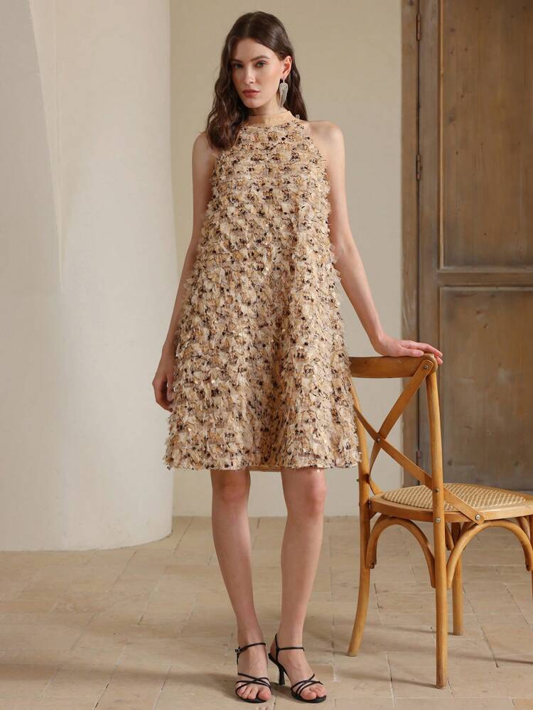 Women's Elegant Romantic Banquet/Date Night Gold Tassel Decor Sleeveless Round Neck Dress, Old Money, Summer Outfits, Sundress Spring Outfits
