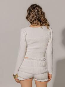 Aralina Boho Festival White Lace Textured Square Neck Shirred Long Sleeve Top - White - View 2