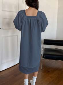 DAZY Spring Sweet Lace Collar Patchwork Ruffle Hem Nightgown Pajama - Navy Blue - View 2