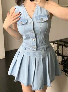 DAZY Casual Fitted Denim Crop Vest & Pleated Denim Skirt, 2 Pieces Set For Women Summer