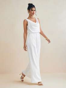 ODELIAR Designer White Satin Drape Neck Low Back Wide-Leg Elegant Jumpsuits, Women Spring And Summer Draped Jumpsuit, Spring Break - White - View 4