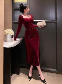 DAZY Vestido elegante de unicolor con cuello de corazón, mangas abullonadas y encaje en contraste, color borgoña, para ocasiones de regreso a la escuela, elegante en otoño e invierno, vestidos rojos de mujer para Navidad - Burdeos - Ver 2