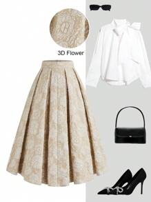 Celure Plus Size Women Elegant Textured Jacquard Fabric Pleated Mid-Length A-Line Skirt, Spring - Apricot - View 1