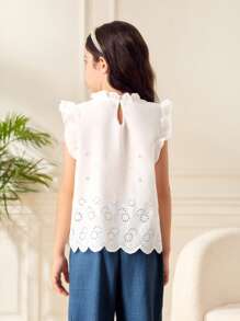 Set de 2 piezas de blusa con bordado y pantalones con dobladillo de volantes de unicolor para niñas preadolescentes