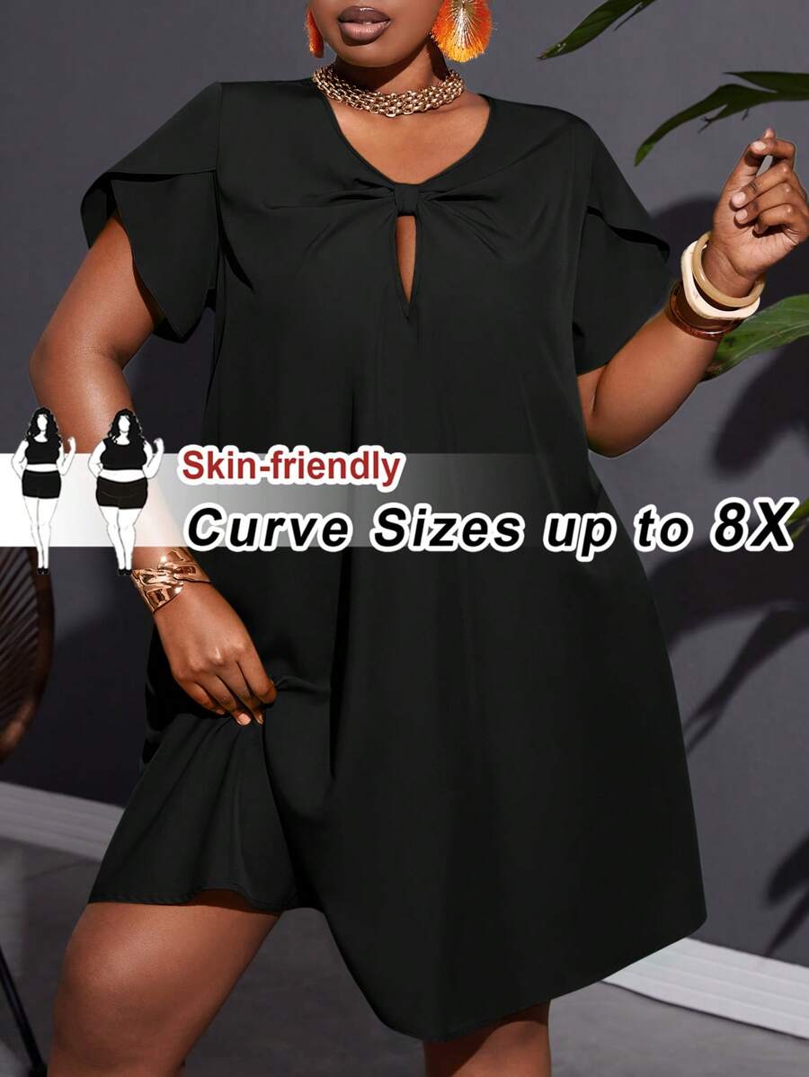 SHEIN CURVE+ Vestido Casual Solto de Tecido Não Elástico Verde Liso com Detalhe de Nó Torcido em Linha A para Mulheres Plus Size