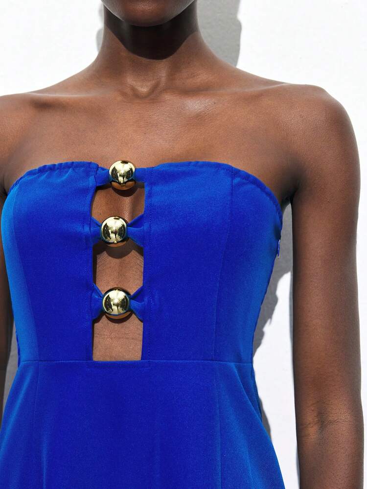 SHEIN Maija Vestido tubo negro elegante y casual de estilo urbano chic, con la cintura ceñida y decoración dorada redonda, adecuado para festivales de música, vacaciones en la playa, uso casual diario, escapadas románticas en la ciudad, eventos, bodas y graduaciones