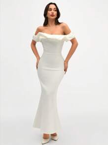 CLARA VERO Two Tones Off Shoulder Ruffle Trim Bodycon Dress, Elegant Dress - White - View 2