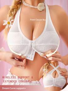 1pc Women Lace & Mesh Splicing Front Closure Wireless Lingerie Bra - White - View 6
