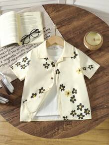 SHEIN 男童夏季针织立领花朵图案短袖休闲衬衫
