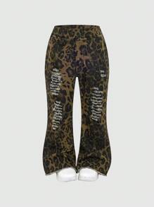 Girls (Toddler) New Fashion Casual Leopard Print Distressed Elasticated Denim Flare Jeans
