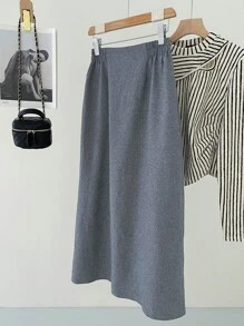 Chiquease Women Casual Solid Color Pleated Skirt With 3D Beading - Grey - View 2