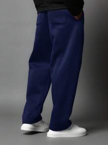 SUMWON Retro Logo Sweatpants Athletic Jogger Style Comfortable Fleece Training Pants Casual Gym Workout Winter Lounge Bottoms With Side Brand Design - Navy Blue - View 4