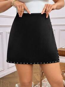 SHEIN LUNE Plus Size Women Pearl Embellished Side Slit Casual Culottes Pants Spring Break Boho Rave Outfits Festival Spring Break Outfits Old Money Style Women Rave Outfits Summer Outfits For Women Business Casual Woman