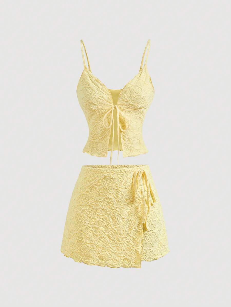 SHEIN MOD Women Yellow Vacation 2 Pieces Set: Camisole And Mini Skirt, Summer Clothes Women Two Pieces Outfits - Yellow - View 1