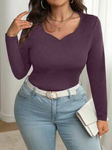 SHEIN LUNE T-shirt de base ajusté et slim à manches longues et de couleur unie, grande taille