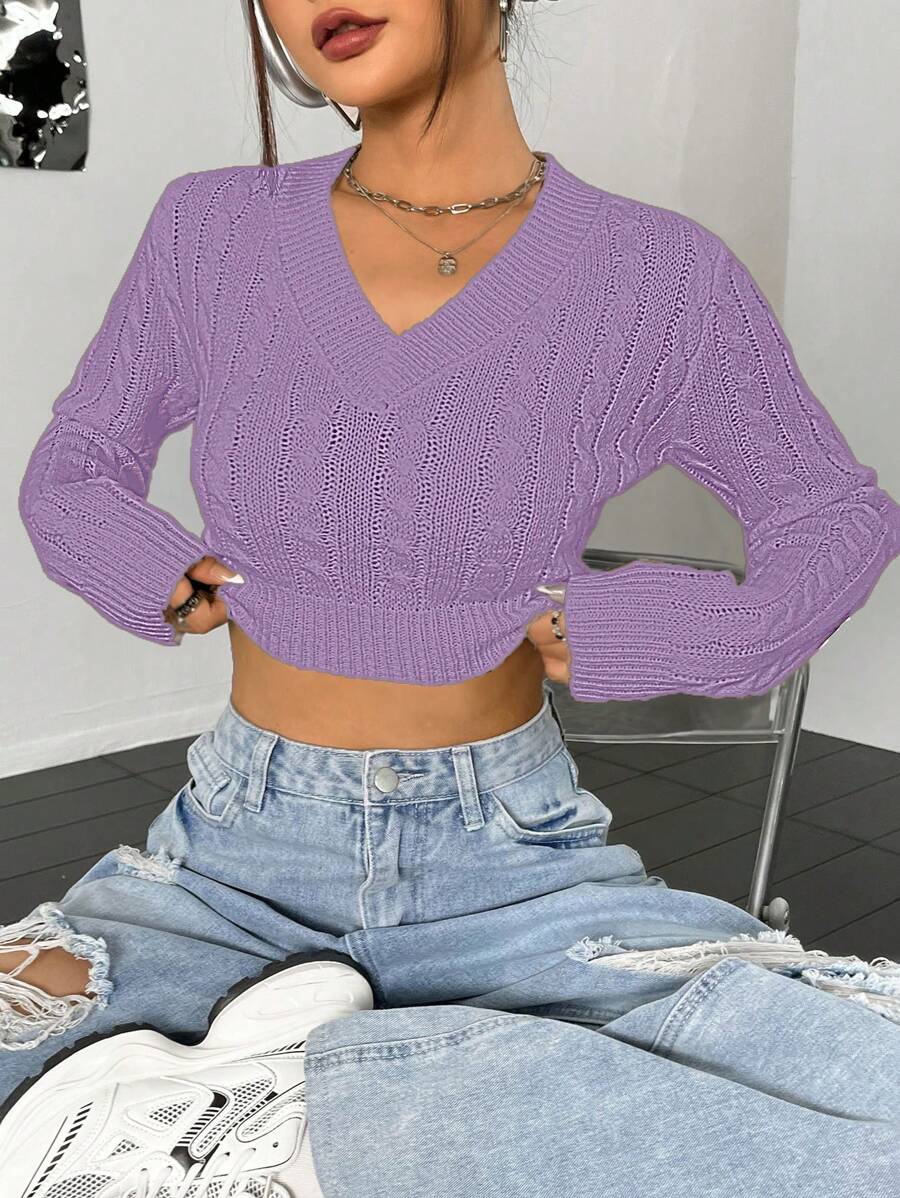 SHEIN Unity Sweater Pullover Kasual Wanita Lengan Panjang Leher V, Pullover Rajut Musim Gugur/Dingin - Purple - View 1