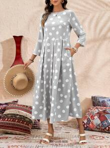 EMERY ROSE 女士圆点印花圆领 3/4 袖口袋连衣裙 - 灰色 - 查看 1