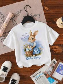 SHEIN Young Girl Casual Cute Cartoon Bunny & Watercolor Floral Print Short Sleeve T-Shirt, Suitable For Summer & Easter Theme, For Gift - White - View 1