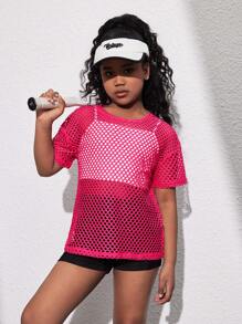 SHEIN Leap Crew Tween Girl Mesh Knit Loose Drop Shoulder Casual Short Sleeve Cover-Up Tee - Hot Pink - View 3