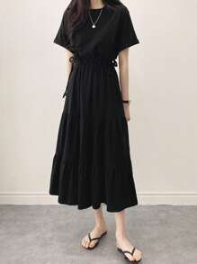 DAZY Solid Drawstring Waist Layered Hem Dress,Ladies Casual Drawstring,Ruffle Hem Short Sleeve Round Neck Regular Fit Long Black Roll Up Sleeve Plain A Line Women Long Dresses,Spring/Summer,Casual Daily Wear Sundress