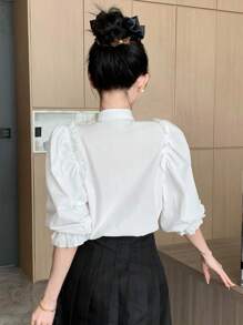 DAZY Women's Stand Collar Shirt With Frill Trim - White - View 7