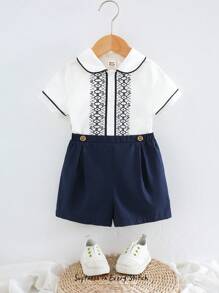 Cozy Pixies 2 件装女婴撞色丝带装饰彼得潘领衬衫和松紧腰短裤套装