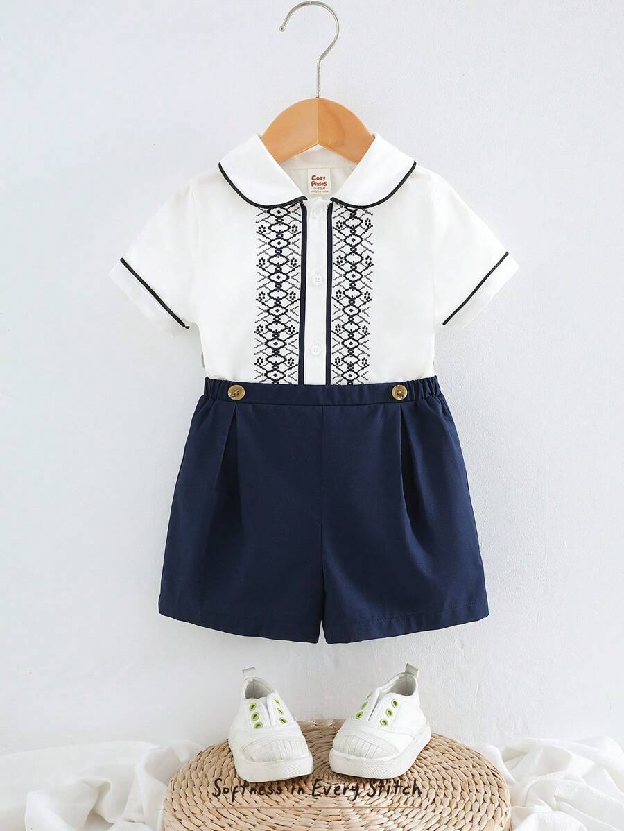 Cozy Pixies 2 件装女婴撞色丝带装饰彼得潘领衬衫和松紧腰短裤套装