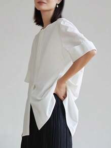 Dazy-Less Loose Solid Color Minimalist Short Sleeve Women Shirt Preppy Tops Business Casual Woman Work Clothes