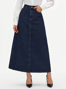 EURMUSE Elegant Academic-Style Vintage Denim Pocket A-Line Maxi Skirt For Women - Dark Wash - View 4