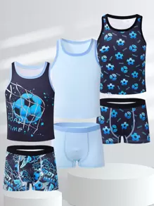 3pcs/Set Young Boy Minimalist Basketball Print Sleeveless Tank Top & Brief Underwear Outfit