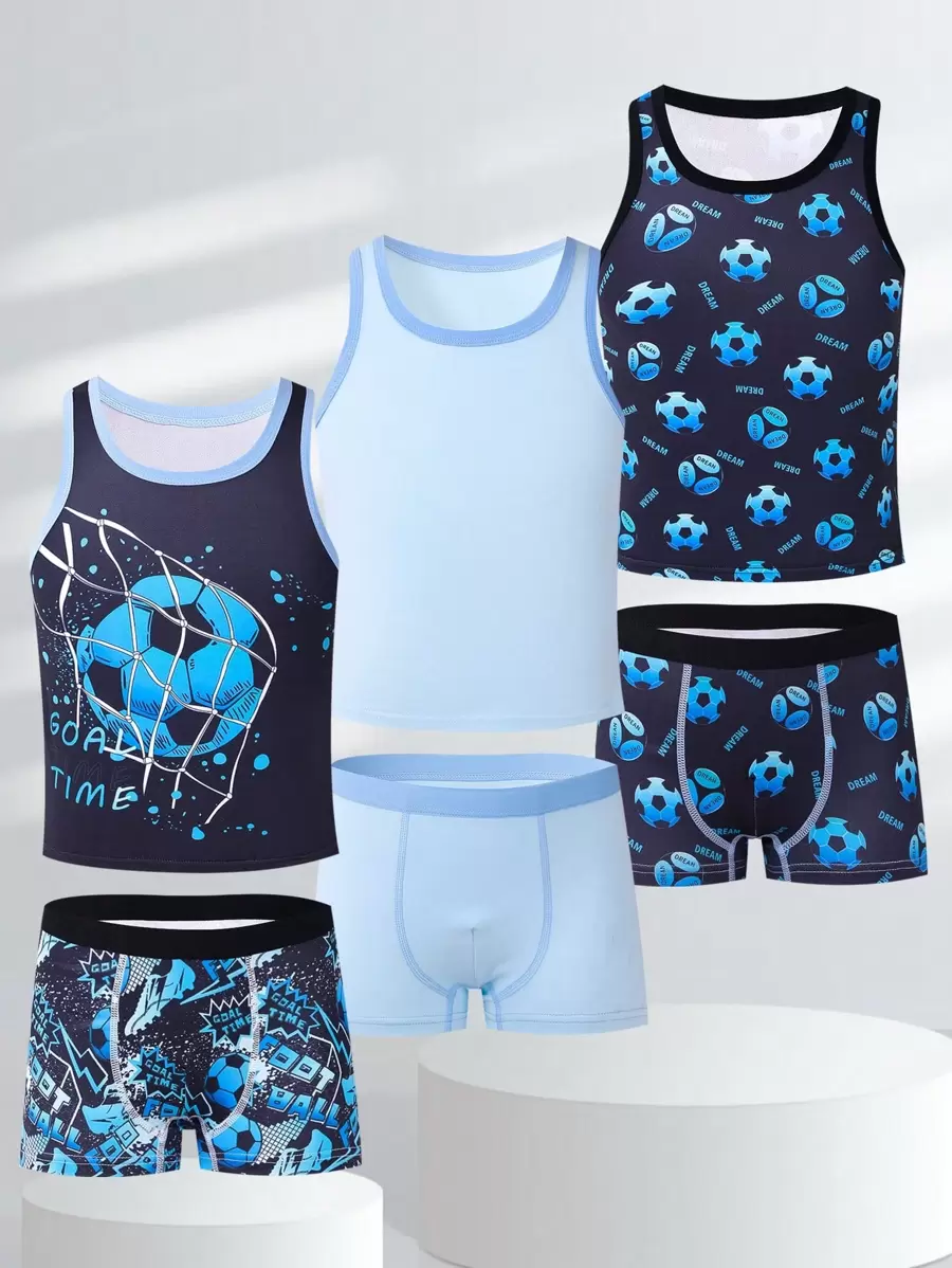 3pcs/Set Young Boy Minimalist Basketball Print Sleeveless Tank Top & Brief Underwear Outfit