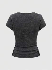 ROMWE Grunge Punk Damen Kreuz Flügel Strass & Säuregewaschenes Figurbetontes T-Shirt