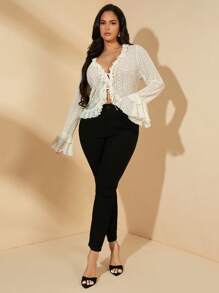 SHEIN BAE Plus Size Women's Spring & Summer Peach Sexy Minimalist Tie-Up Long Sleeve Ruffle Trim Sweet Lace Blouse, Suitable For Valentine's Day, Party, Romantic Date,Concert Women,Summer,Concert Women,Country Concert,Elegant,Vacation Woman,Vacation;Casual,Business Casual Woman,Western Wear Women,Cute,Office For Women,Wedding Guest Women,Club Women Sexy,Graduation,Brunch For Women,Spring,Easter Basket,Holiday,Lace Shirt,Mesh Top,Graduation