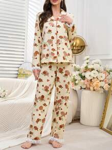 2 Pieces Women Burgundy Rose Romantic Pajama Set