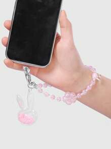 ROMWE Kawaii 2 件精致时尚奢华手工串珠人造珍珠人造水晶夜光樱花透明亮片心形和兔耳吊坠礼品套装带手机绳，适合姐妹、好友、情侣、日常佩戴、节日礼物 - 粉色 - 查看 2