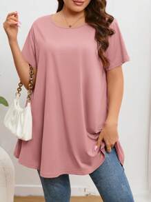 Firerie Plus Size Casual Solid Color Loose Short Sleeve T-Shirt - Pink - View 1