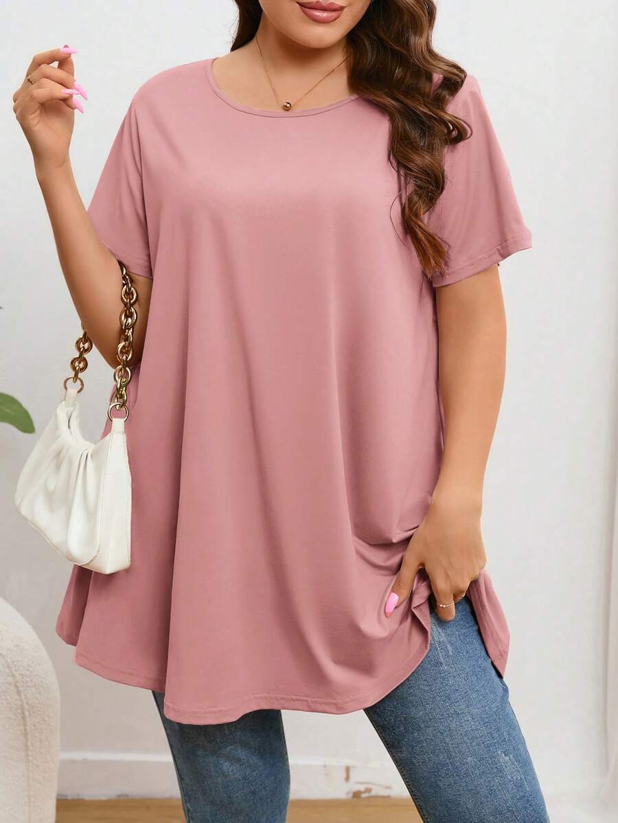 Firerie Plus Size Casual Solid Color Loose Short Sleeve T-Shirt - Pink - View 1