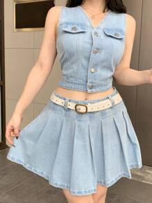 DAZY Casual Fitted Denim Crop Vest & Pleated Denim Skirt, 2 Pieces Set For Women Summer